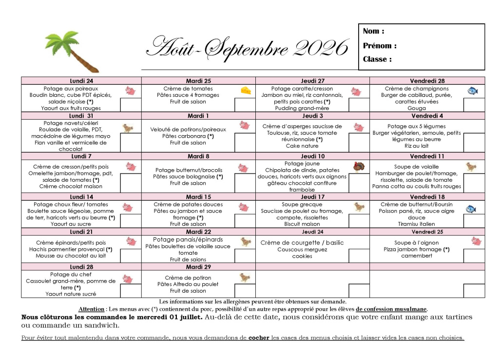 menu du mois